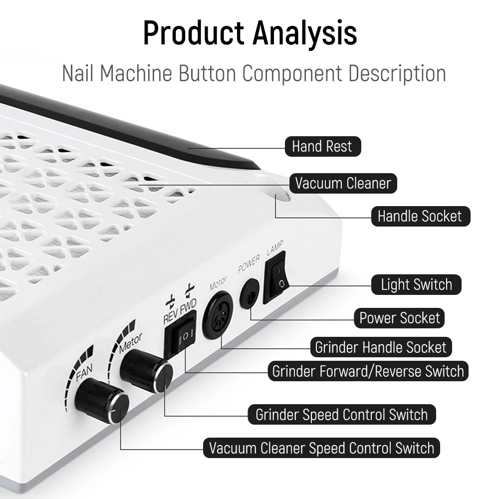 Aspirapolvere per manicure professionale 80W 4 IN 1 con lucidatore e lampada Forte aspirazione Illuminazione Trapano per unghie Collettore di polveri per unghie