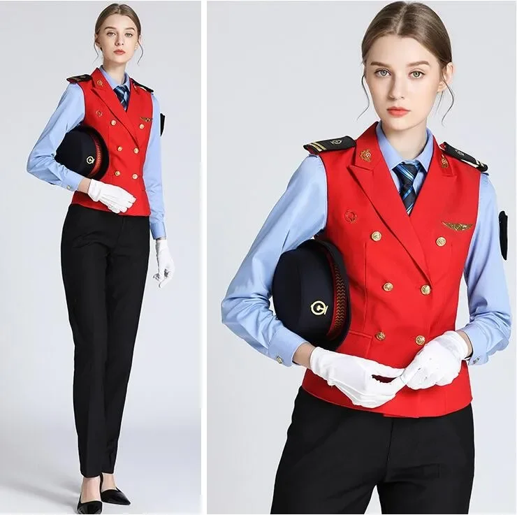 Chinese Luxury Bus High-Speed Railway Office Vest Formal Double Breasted Vest Business Ladies Waistcoat Blouse Pants Suit Women