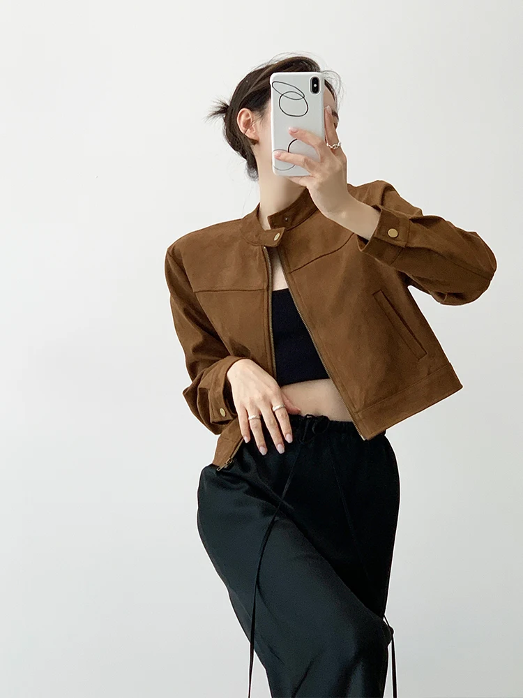 YAHI Autumn New Style Mermaid Suede Short Jacket Women's Slimming Vintage Coat Stand Collar Zipper Casual Fashion Ladies' Out...