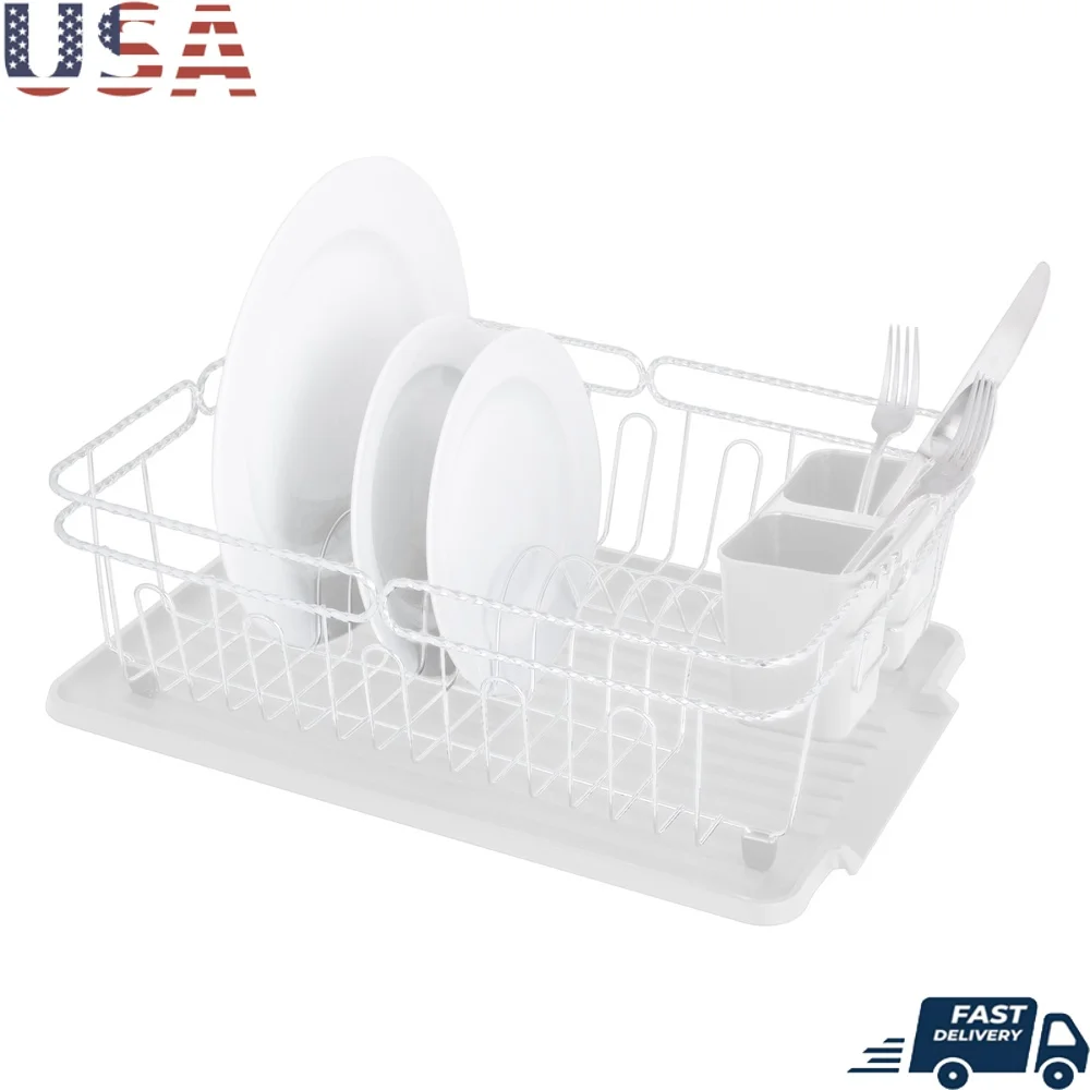 

Twisted Chrome 3 Piece Dish Rack with Cutlery Basket and Draining Tray Iron Construction Moisture Resistant Kitchen Storage