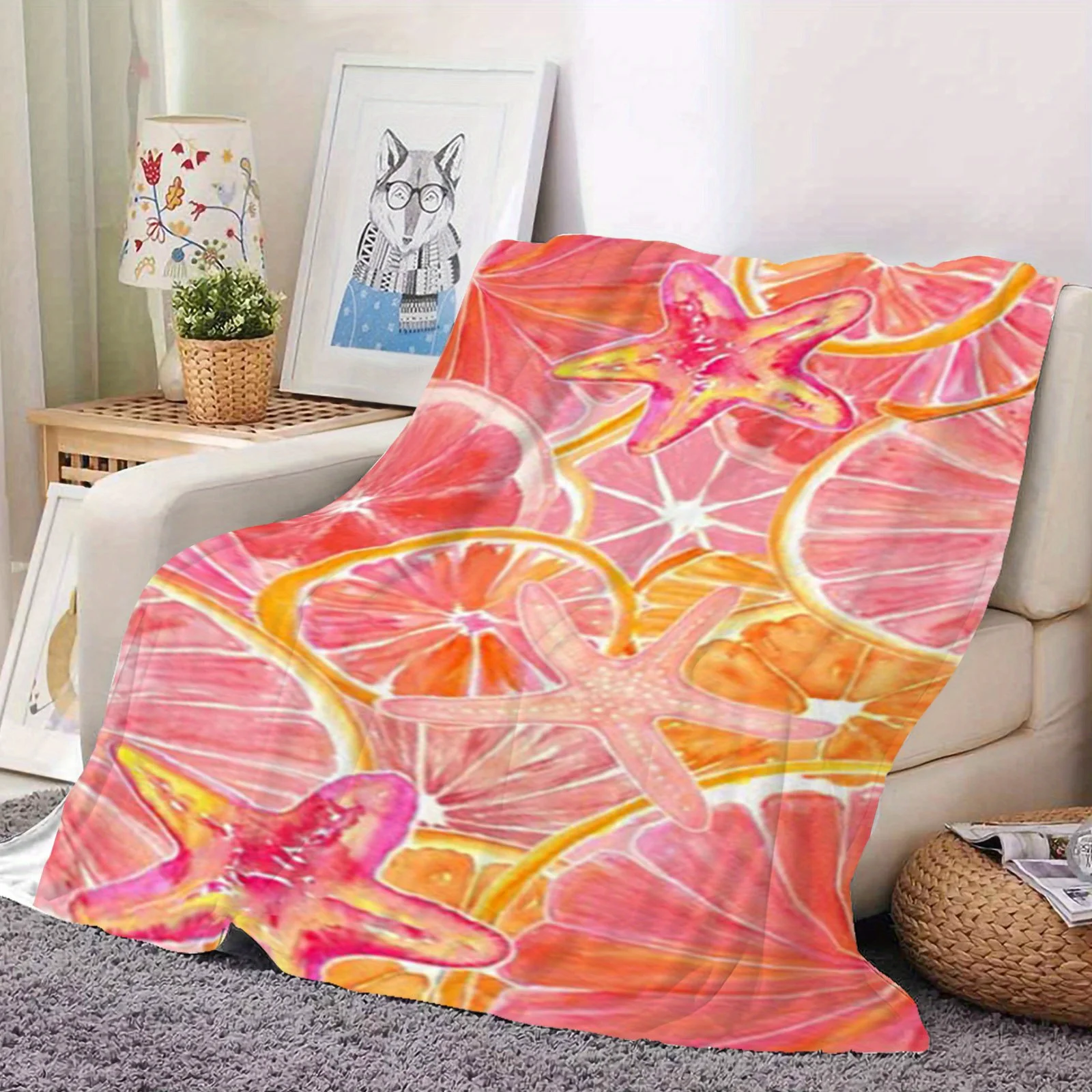 Tropical Citrus Fruits Throw Blanket, Vibrant Orange & Pink Pattern, Summer Beach Decor for Home & Bed