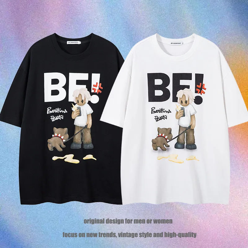 

European and American Retro Street Fun Printing Heavy Round Neck Short Sleeve T Loose Shoulder Men's and Women's Tops T-shirt