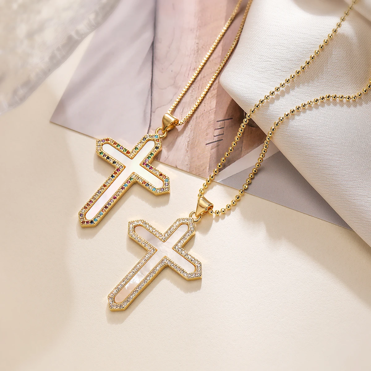 NEWBUY Classic Design Natural Shell CZ Cross Pendant Gold Chain Necklaces For Women Men