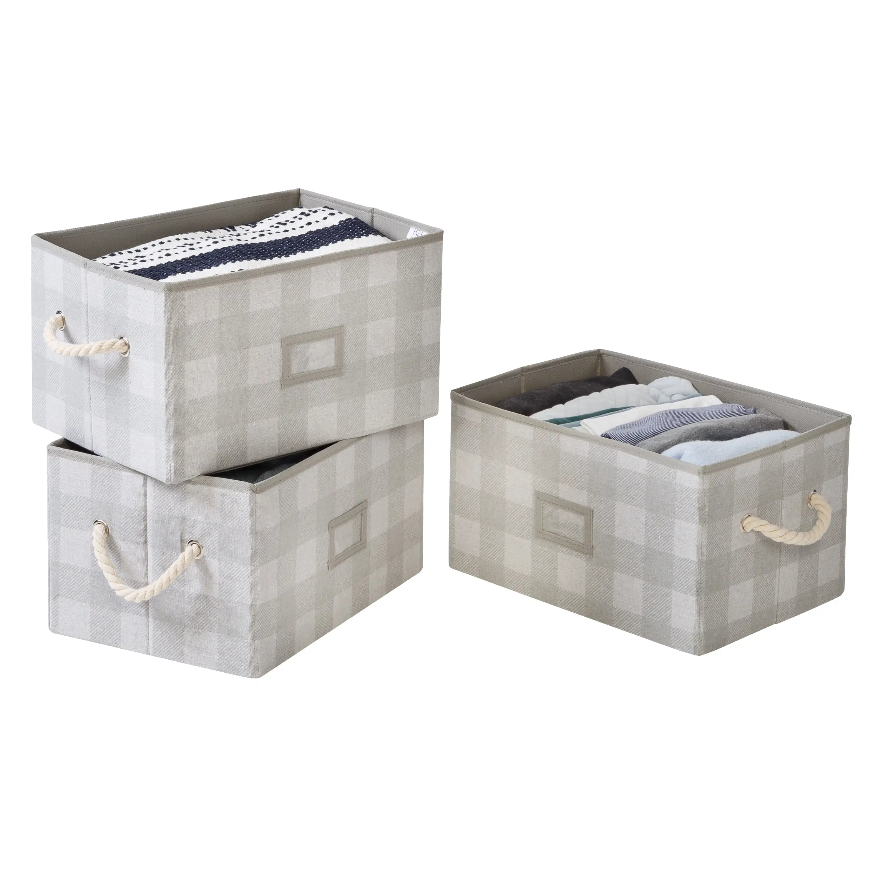 

Honey Can Do Set of 3 Collapsible Large Fabric Storage Bins With Handles, Gray Plaid