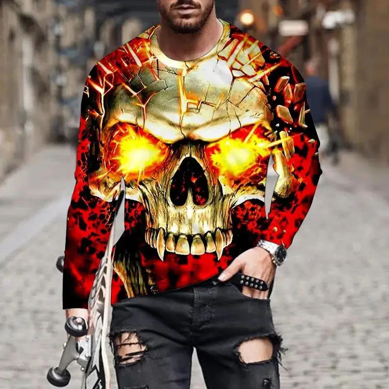 Fashion 3D Skull Print Long Sleeve T-shirts Hip Hop Trend Harajuku Men\'s T Shirt Casual O-neck Loose Tops Vintage Clothes