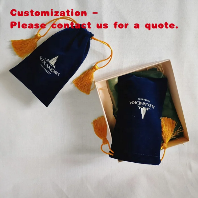 custom.Velvet Perfume Packaging Pouches Custom Navy Blue Bags with Tassel