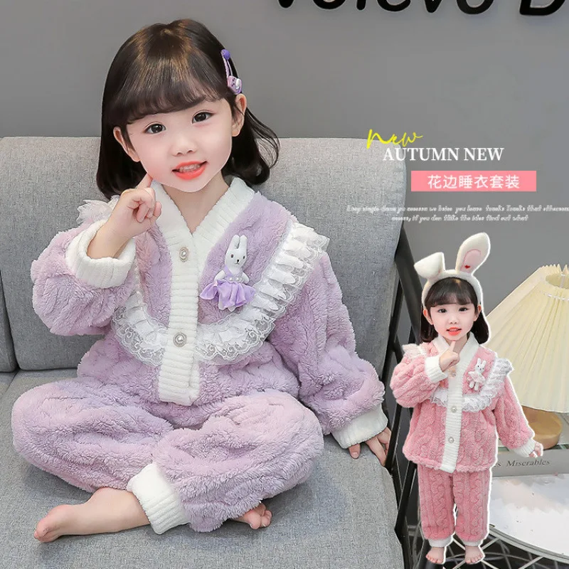 

Child Pajamas Children Suit Girl Thicken Keep Warm Autumn Winter New Flannel Coral Fleece Children Lace Lounge Clothes