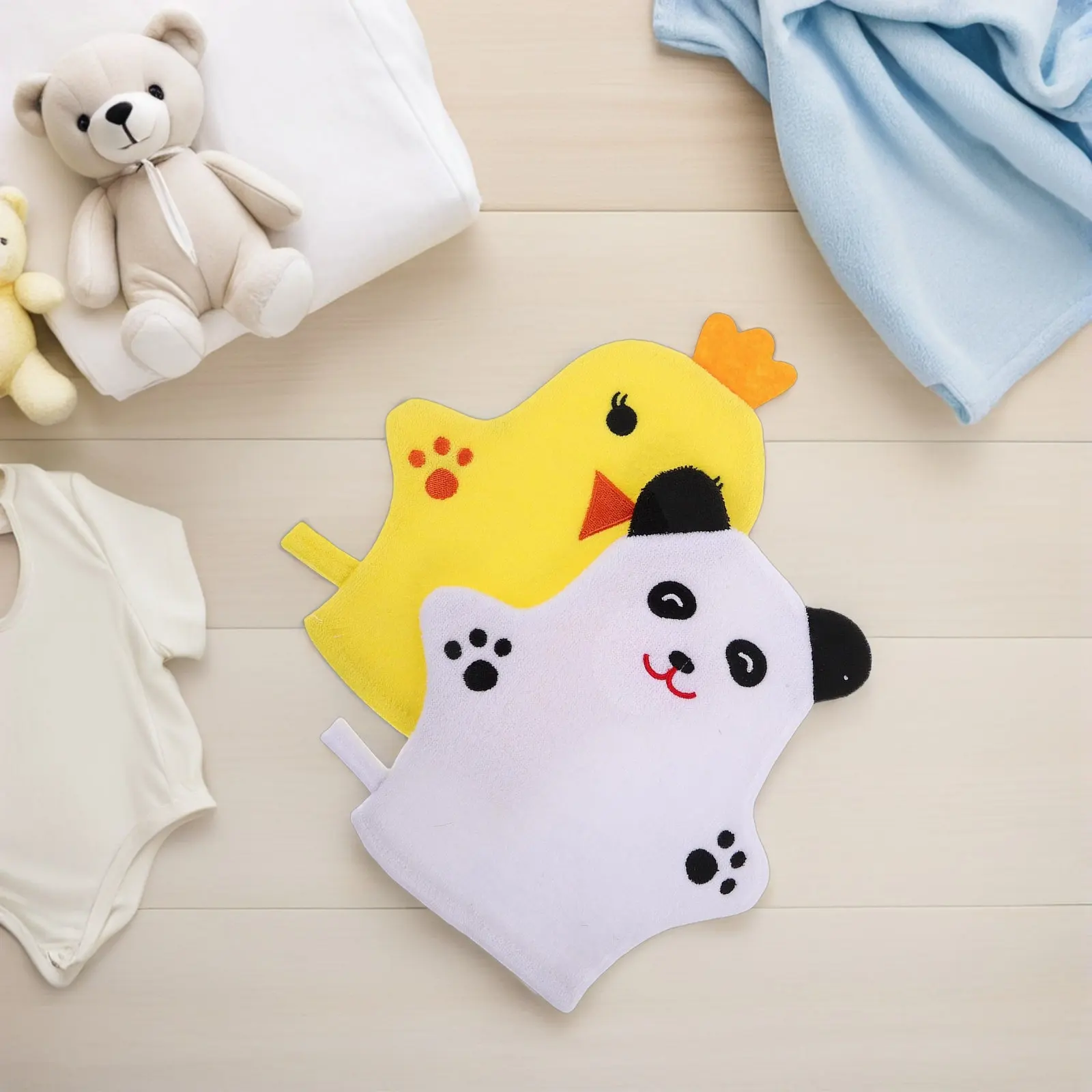 2Pcs Kids Bath Gloves Gentle Soft Double-Sided Baby Bath Mitts Cute Animal Shape Quick Dry Washcloth Gloves for Toddler Shower
