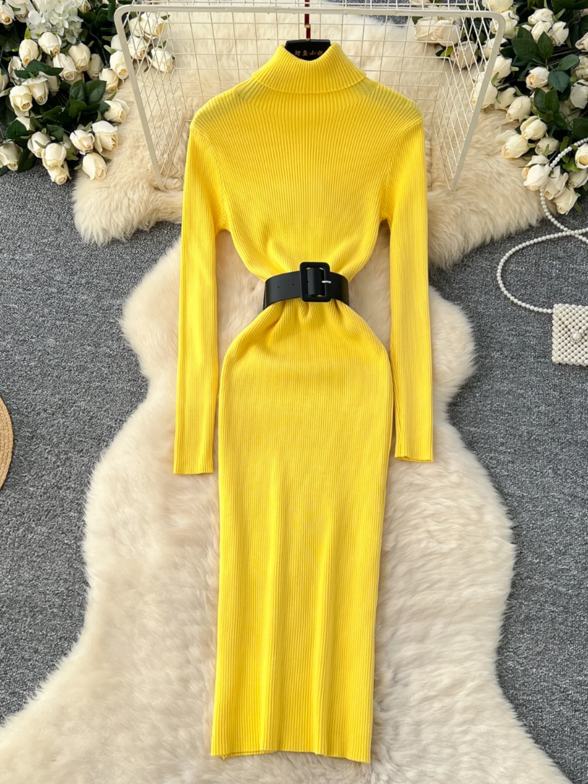 

2026 New Autumn Winter Women Turtleneck Long Sleeve Knitted Dress Elastic Tight Fitting Slim Solid Color Long Dress With Belt