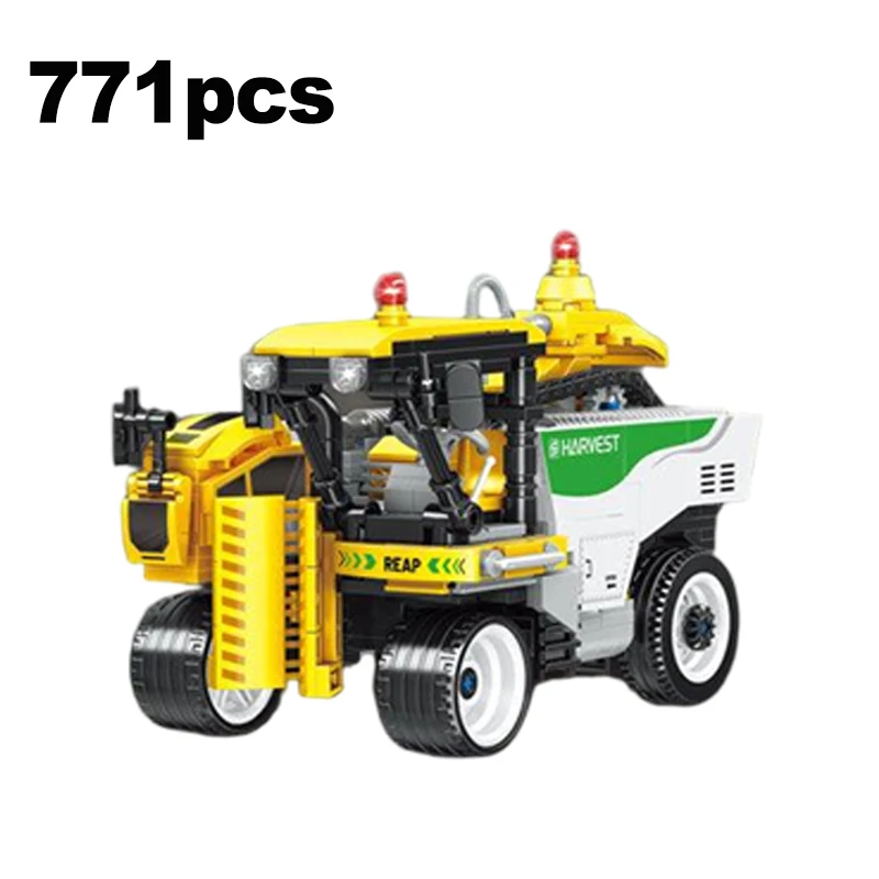 Educatieve bouwsteenset oogstlocomotief met vijf-ploeg tractor katoenen picker auto kraan arm trailer voor kinderen speelgoed