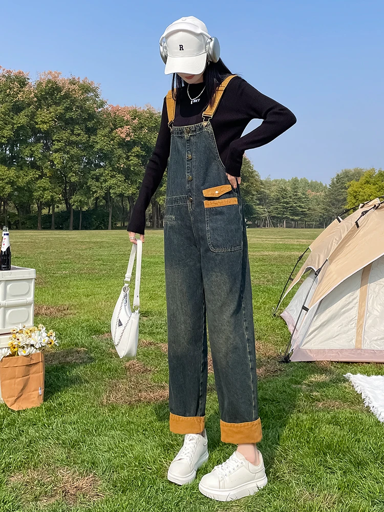 

Джинсовые комбинезоны с высокой талией, женские свободные брюки, весна-осень, новая рабочая одежда в американском стиле ретро, джинсы, брюки с бретелями