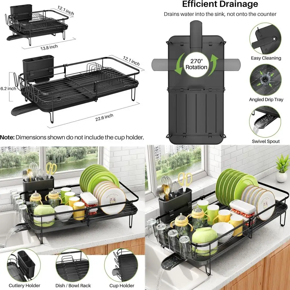 

Расширяемая металлическая полка для кухонной посуды, 13,8-22,6 л x 12,1 Вт, с подстаканником для посуды и черная