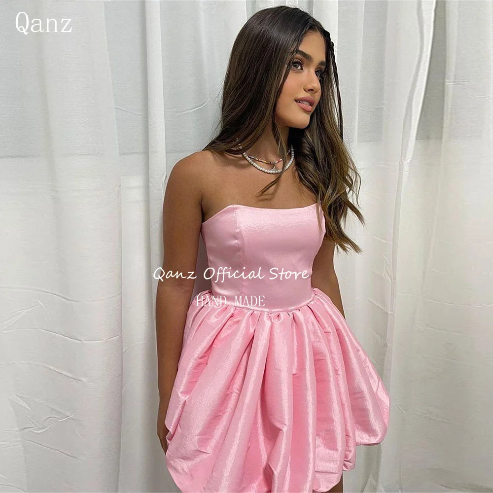 

Qanz Pink Cocktail Dresses Lace Up Back Above Knee Strapless Prom Pary Dresses Satin Mini Vestidos De Fiestas Eegantes Mujer