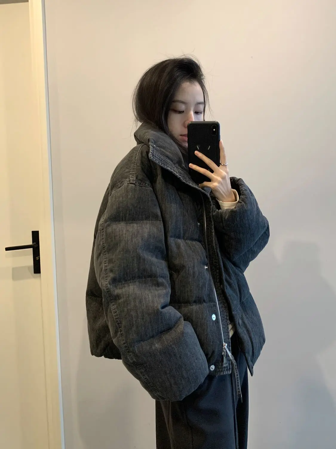 

Denim Coat Buttions Fur Plush Womens Winter Padded Wide Workwear Professional Urban Commuting Cotton-Padded Standneck Fluffy Y2K
