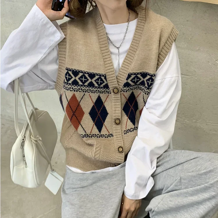 

Vintage Style Outerwear Polyester Fiber Spring Autumn New Arrival Loose Women's Knitted Vest Sleeveless V-Neck Pullover