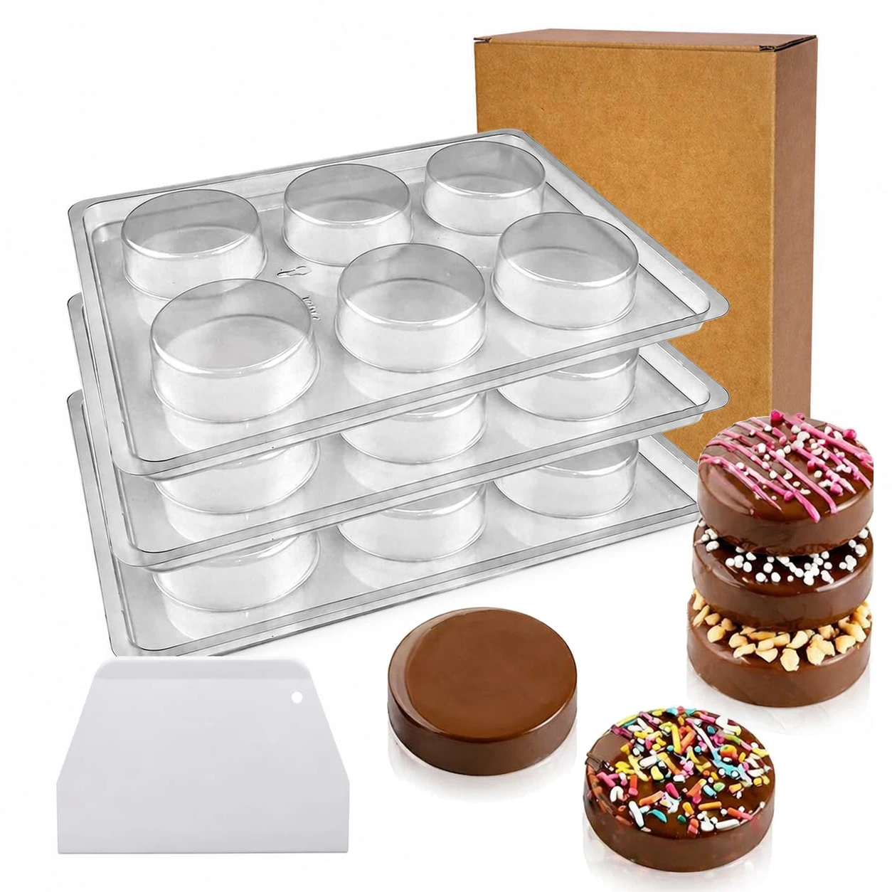 3Pcs Chocolate Covered Mold Set with Scraper, PET Round Baking Molds for Sandwich Cookies