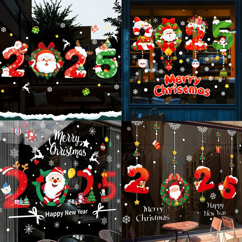 Happy New Year 2025 Christmas Window Glass Stickers Santa Claus Elk Wall Stickers New Year Xmas Decals Festival Party Decoration