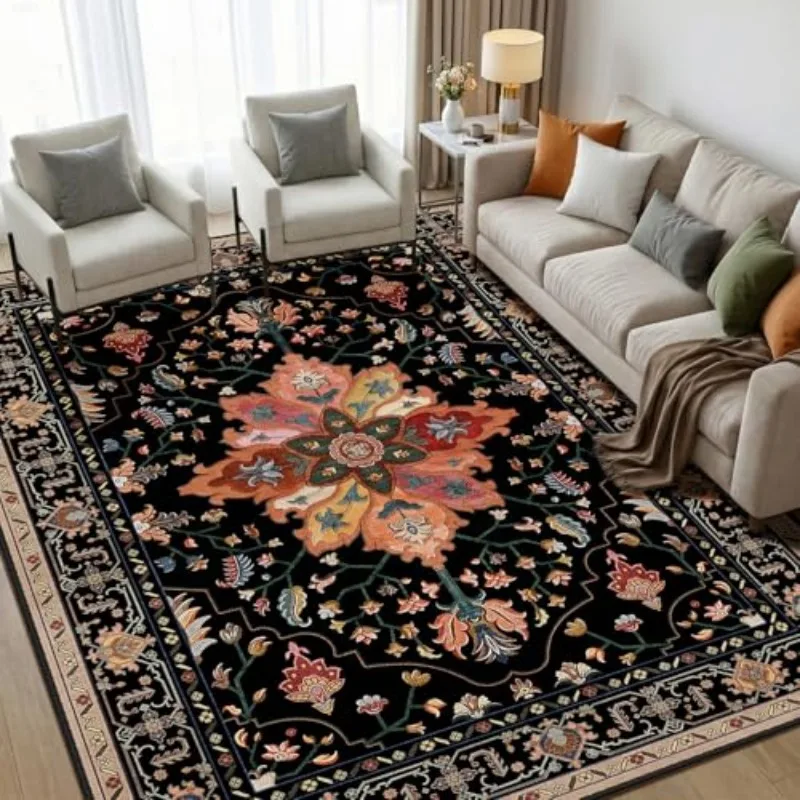 Rug Bold Vintage Oriental Floral Print Decorative Floor Carpet for Living Room Bedroom Retro Aesthetic Home Interior House
