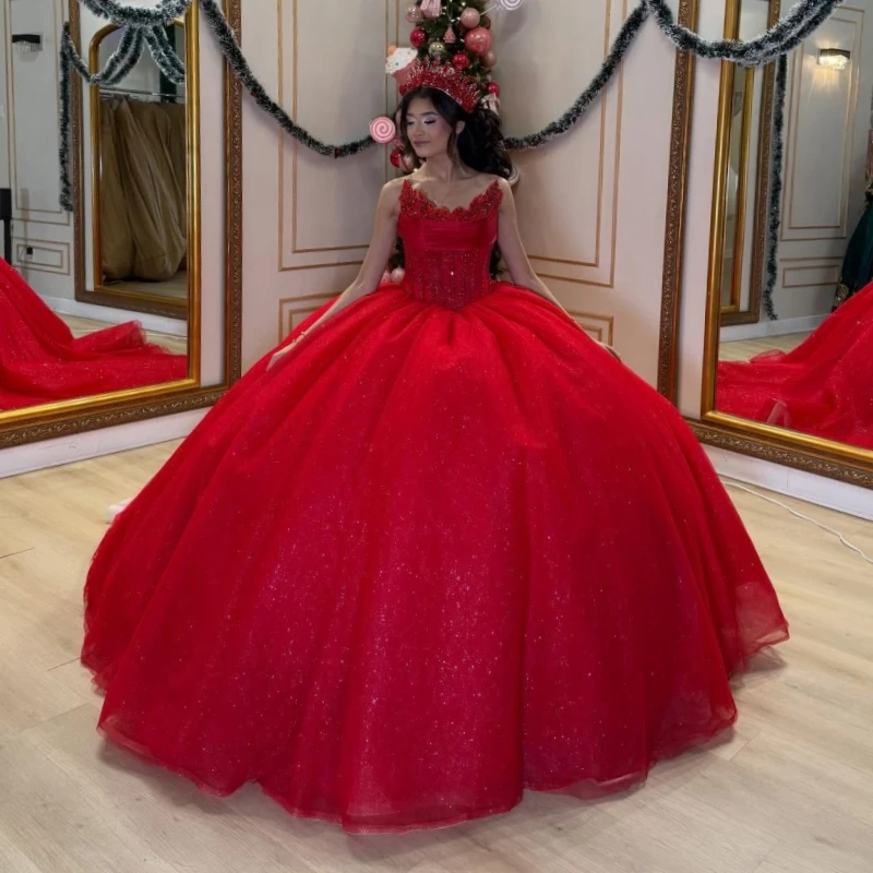 

Red Shiny Quinceanera Dresses Off The Shoulder Beading Crystal Tull Party Birthday Sweet 16 Dress Vestidos 15 Anos