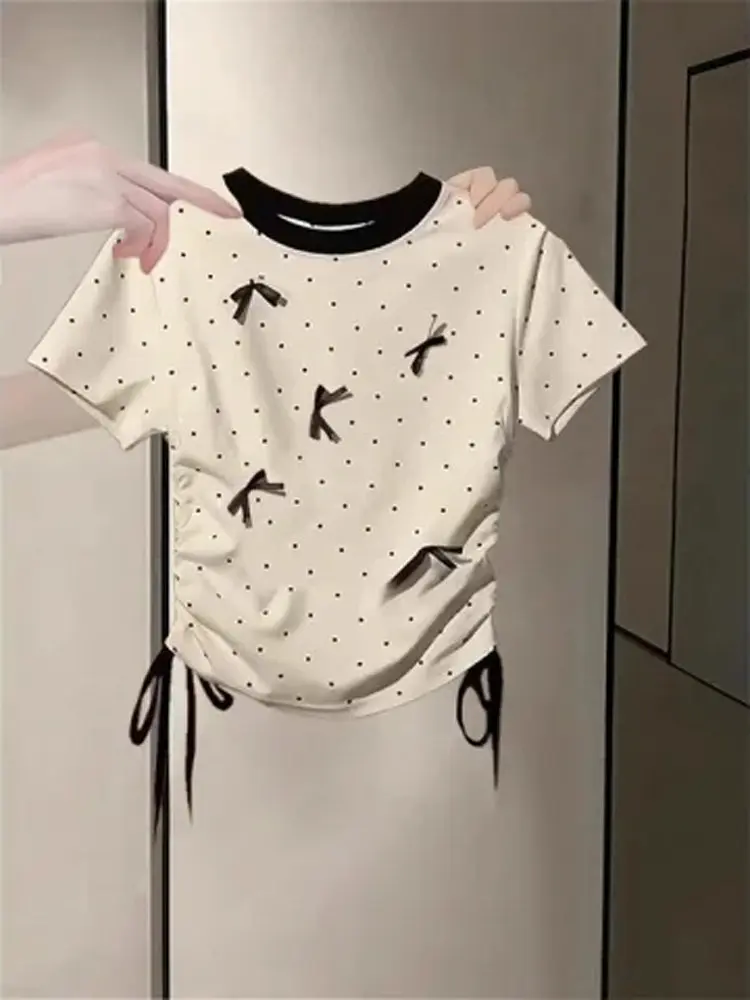 

Chic Pure Cotton Dstring Waist ort Sve T-irt Women's Slim Fit ort Sle Ele Top Korean Commute Sle Summer Wear