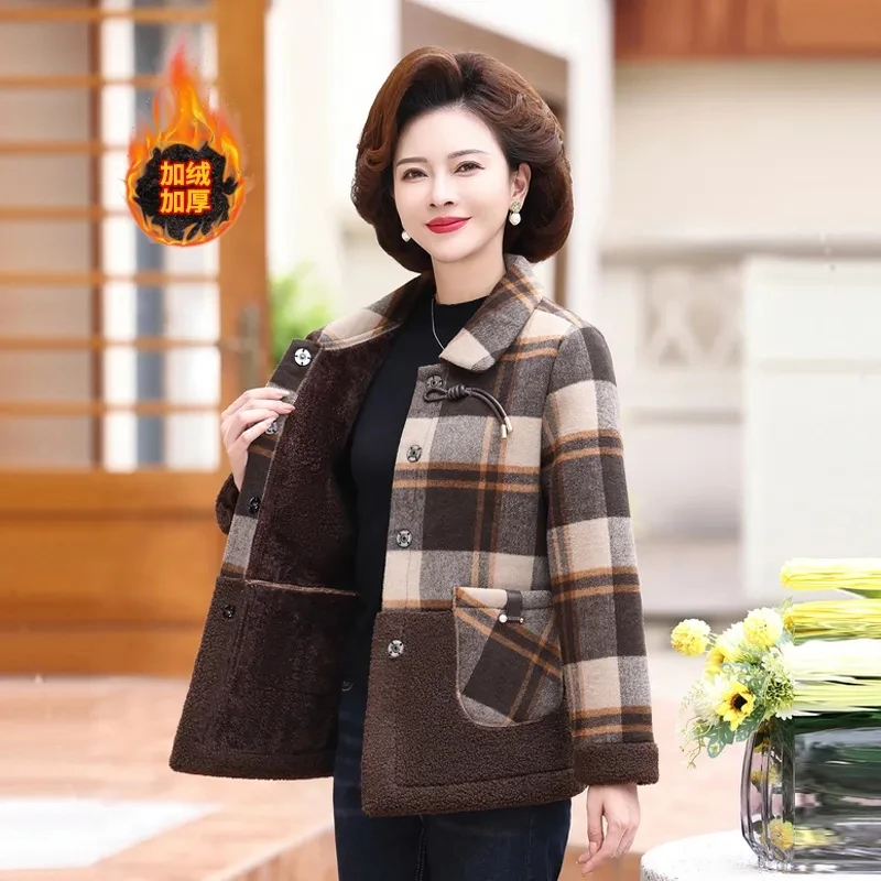 

Middle Aged Elderly Women's Cotton Clothes Autumn Winter Add Velvet Thicken Warm Woolen Coat High End Mother Plaid Parkas Jacket