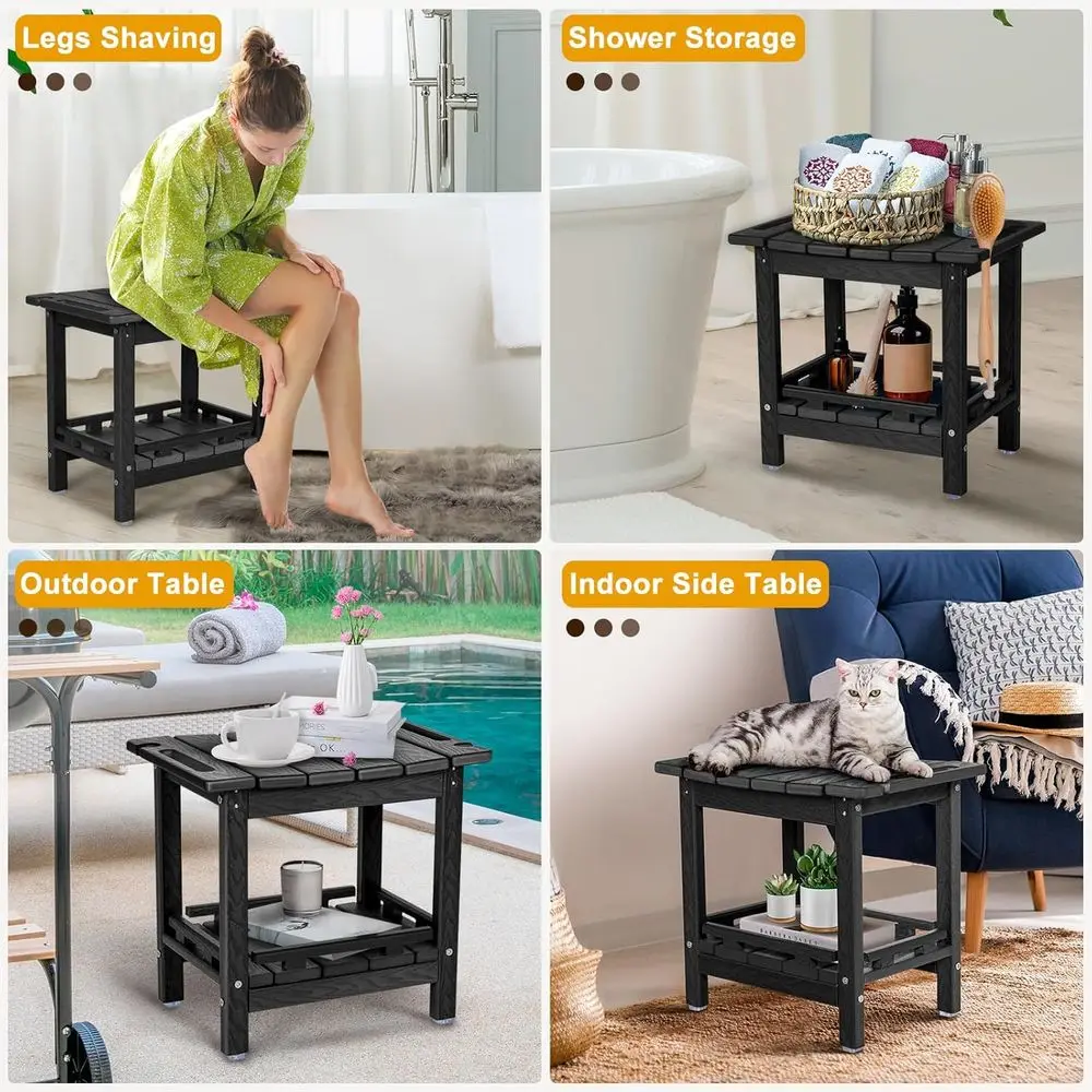 Banco de Chuveiro Compacto em HDPE com Armazenamento e Alças, Adequado para Uso Interno ou Externo