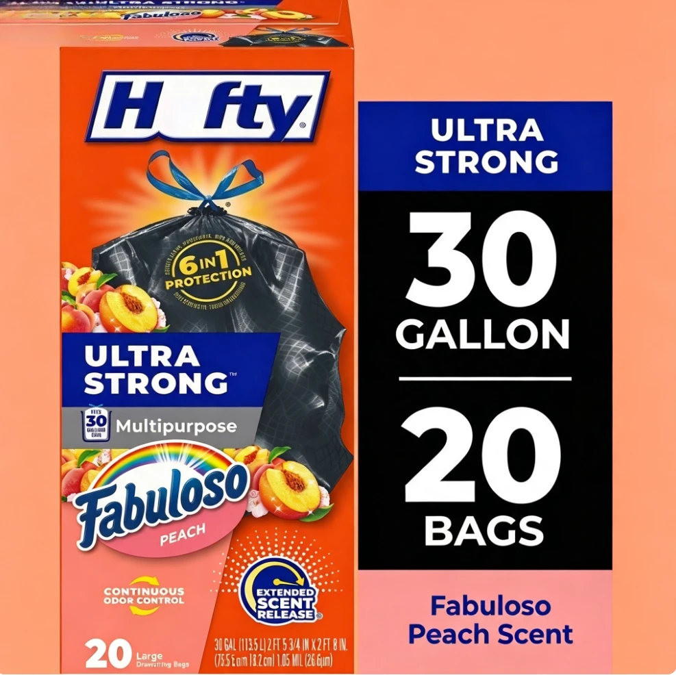 ICUTE-Hefty Ultra Strong 30 Gallon Trash Bags, Black Large Trash Bags, Fabuloso Peach Scent, 20 Bags