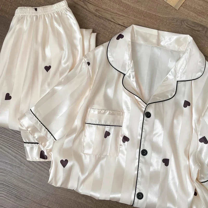 Pyjama imprimé en forme de cœur pour femme, vêtements d'intérieur rayés, vêtements de nuit Y2K, français, doux, élégant, noir, coréen, ins, Harajuku, été, nouveau, 2024