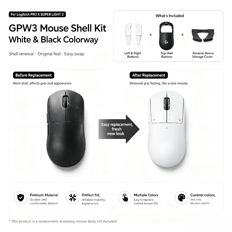 Gpw2/3 Mouse Shell Full Set for Logitech G Pro X Superlight 2 Gaming Replace Mouse Spare Parts with Left Right Side Buttons