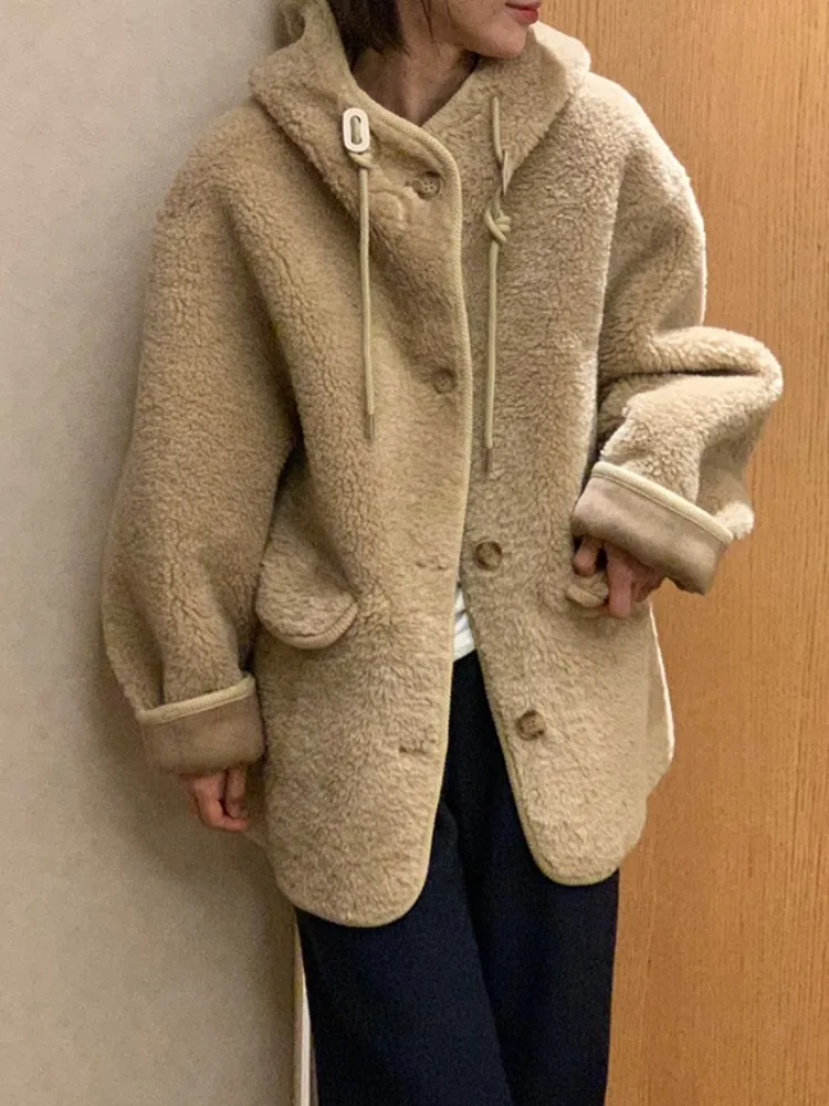 الرجعية Sle زر واحد مقنعين فرو الضأن Jaet المرأة شتاء جديد Faion معطف جلد دافئ متكامل أعلى ربيع الخريف واي...