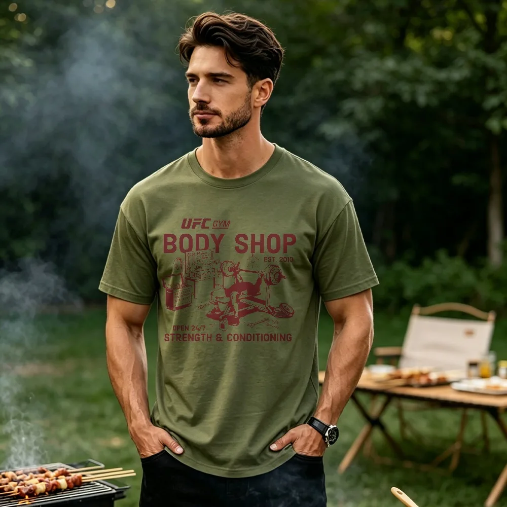 UFC Gym Body Shop Vintage Distressed Print T-Shirt Men Cotton Top Strength Training Fitness Workout Fit Casual Bodybuilding Tee