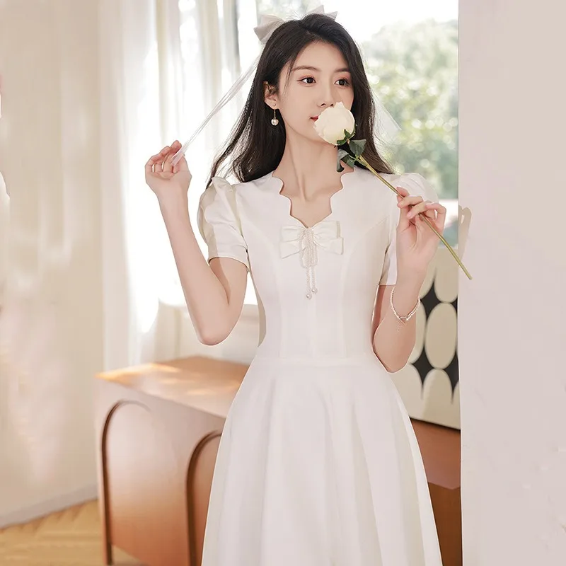 Elegant Wedding Dress V-Neck With Bow Simple Satin Bride Gowns A-Line Wedding Party Dresses Evening Gown Vestidos De Novia