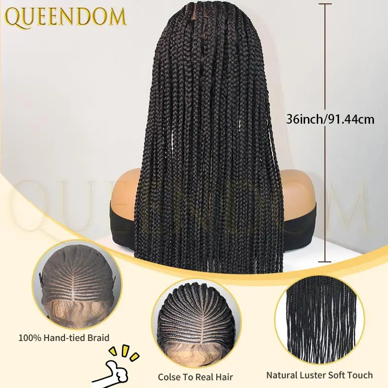 الاصطناعية الجانب جزء كامل الدانتيل كورنو شعر مستعار مضفر للنساء السود 36 بوصة Knotless صندوق جديلة شعر مستعار مع شعر الطفل للاستخدام اليومي
