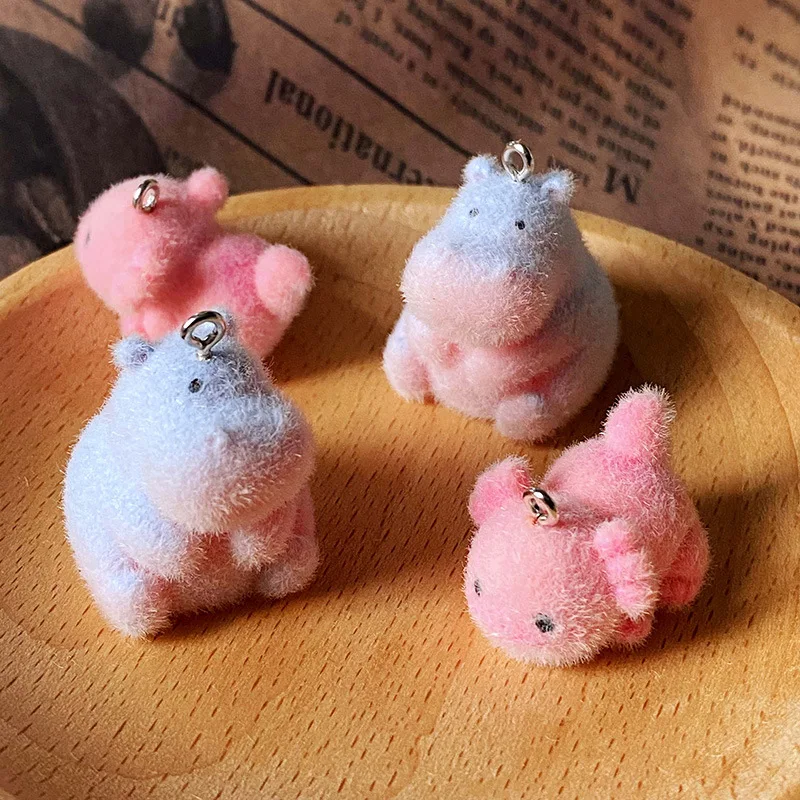 

30pcs 3D Flocking resin Hippopotamus Charms Cartoon Animal Pendants For Making Necklace Keychain Handmade Accessories Supplies