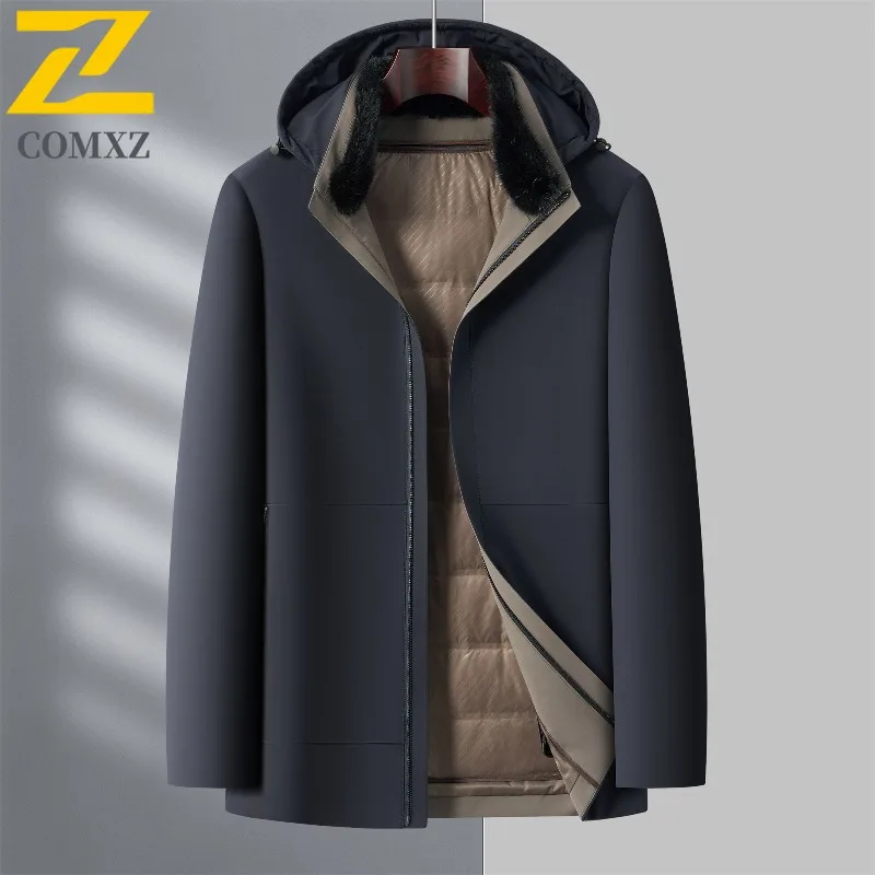 COMXZ High Quality Mens Long Down Jacket Hooded Outdoor Office Lightweight Puffer Jackets Luxury Business Windproof Winter Parka