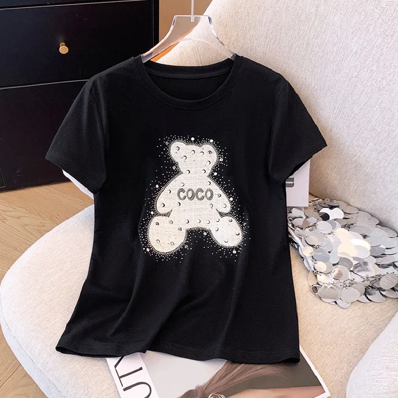 TuangBiang Summer rhinestoner Little Bear 2024 New Comfort Short Sleeve Cotton Women O-Neck T-Shirts Loose Casual Ladies Tops