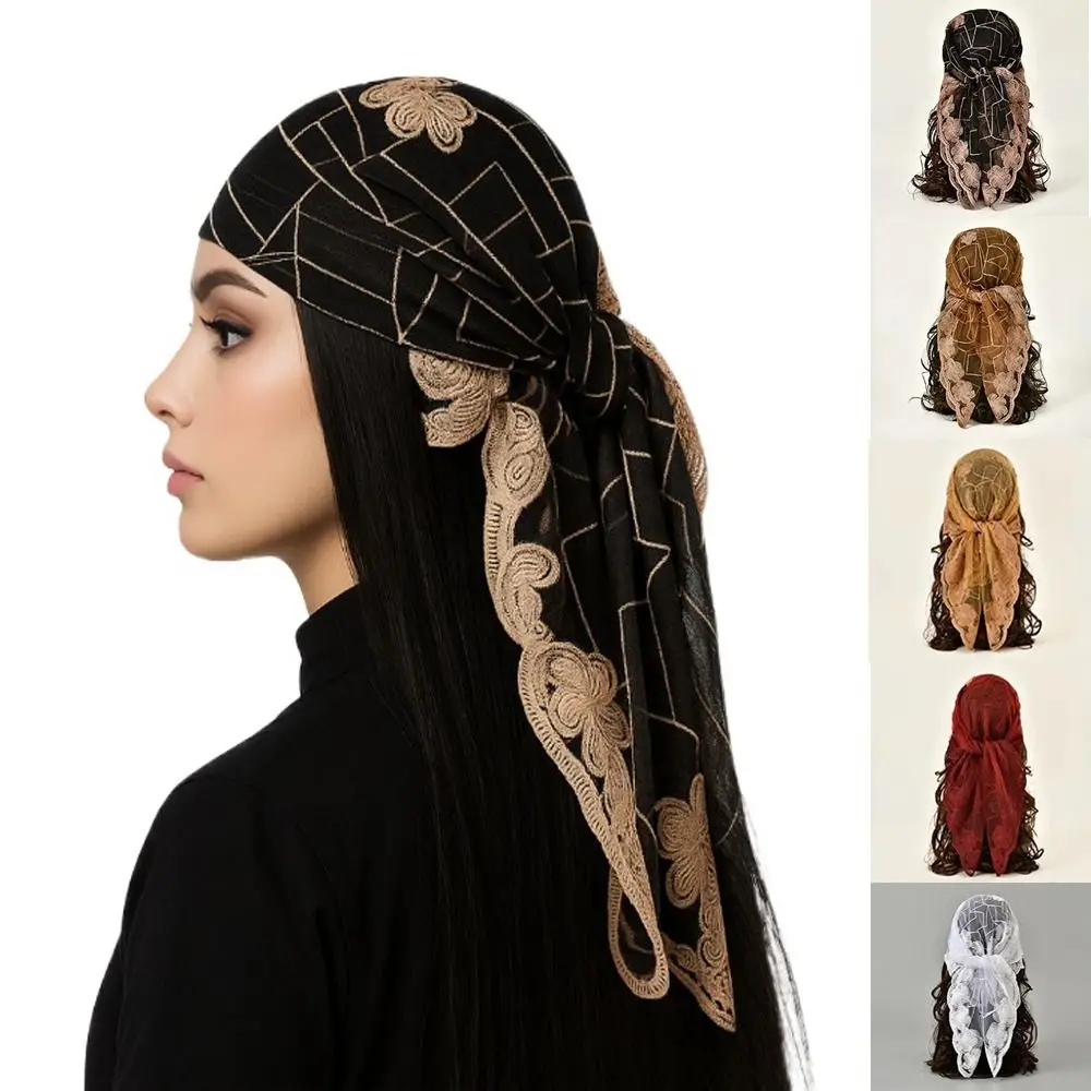 

Trendy Versatile Yarn Square Scarf 80*80cm Floral Embroidery Lace Headband Breathable Hair Wrap Women's Headwear Accessory