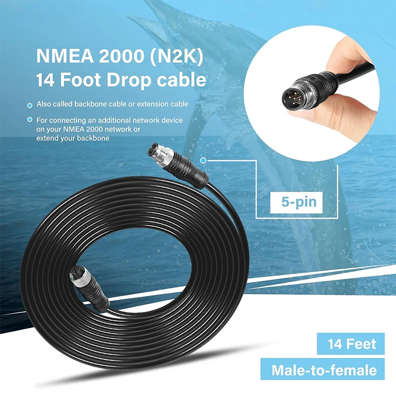 NMEA 2000 (N2K) 4M Drop Cable Backbone Cable, 14-Foot Extension Cable Fit for Lowrance Simrad B&G Navico Garmin Networks, IP67