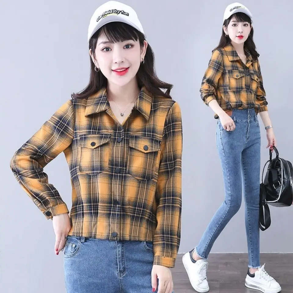 

Plaid ort irt Women's Casual Versatile Faion Slimming Loose Long Sve Collar Button down Jaet Autumn 2023 New
