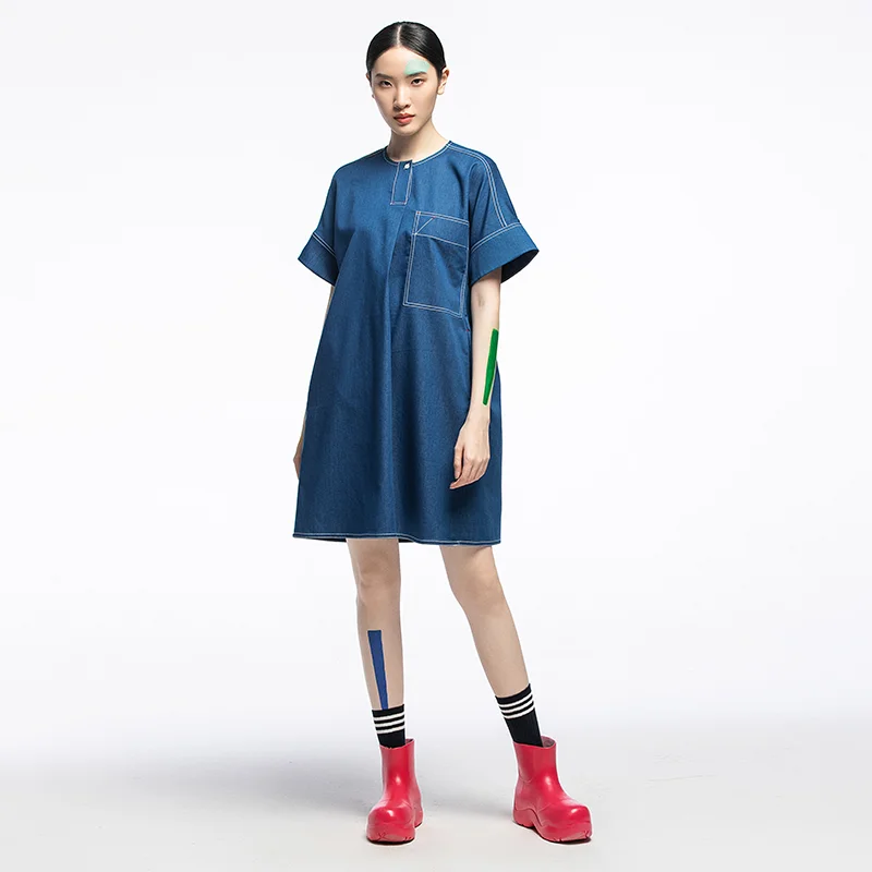 

Original Design Summer New Thin Denim round Neck Dress Artistic Loose Short Sleeve Midi Skirt Cotton Material Commute Style