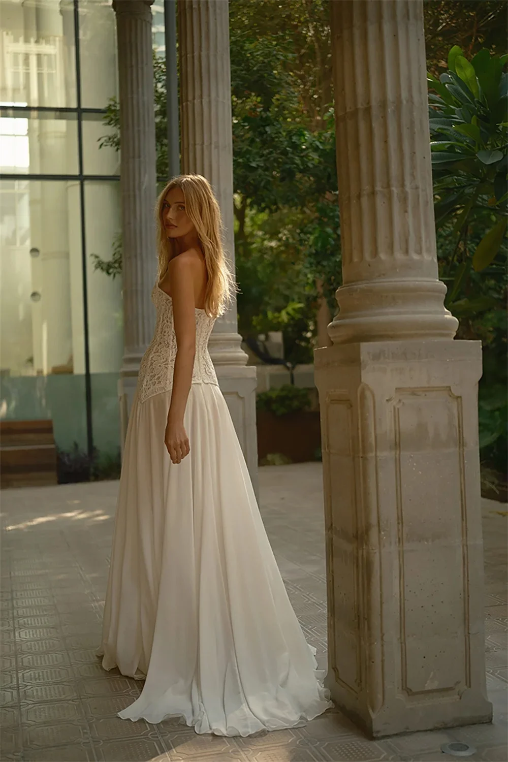 White Floral Lace A-line Wedding Dress, Strapless Zip Back, Church Floor-Length Evening Gown, Customizable.