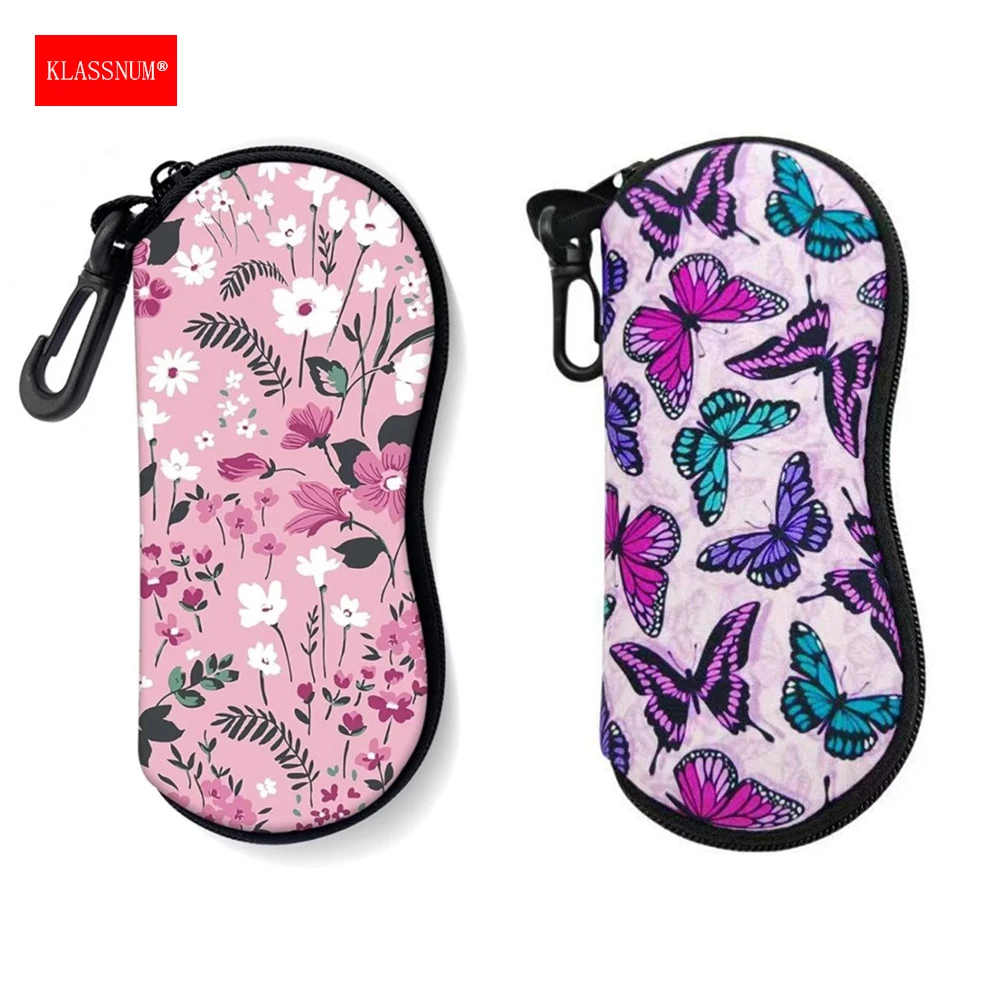 KLASSNUM Floral Butterfly Printed Glasses Pouch Case with Keychain Carabiner Glasses Holder Waterproof Eyeglass Bag for Women