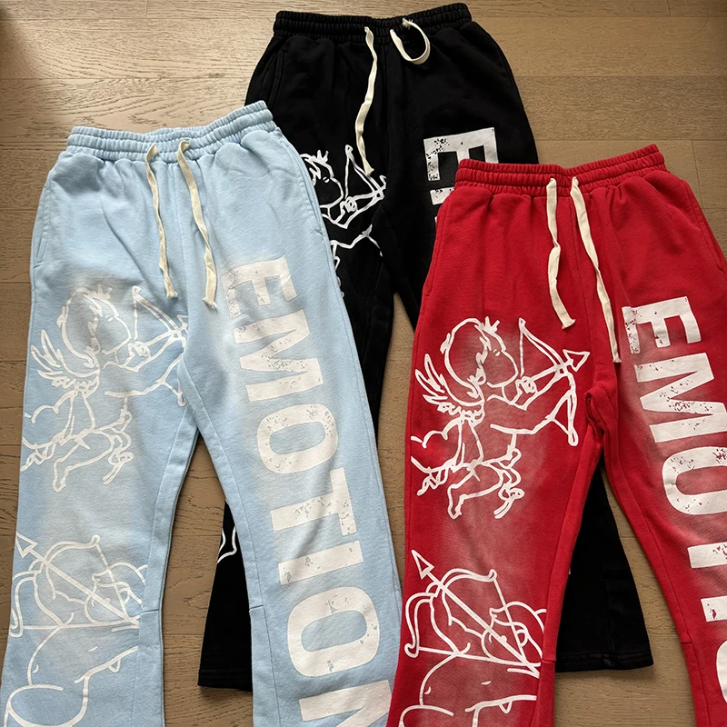 

Washed Cracked Mixed Emotion Label Angel Archery Print Mini Flare Pants Men Women Black Red Blue Terry Bell-bottoms Sweatpants