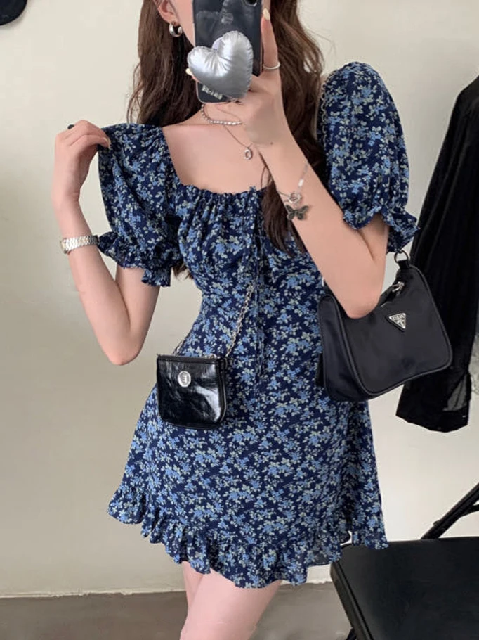 فستان نسائي بتصميم نحيف وطباعة زهور، موضة صيف 2025، ياقة مربعة، أكمام فقاعية، خصر مرتفع، مناسب للتنقل في المدينة، تصميم X، مث...