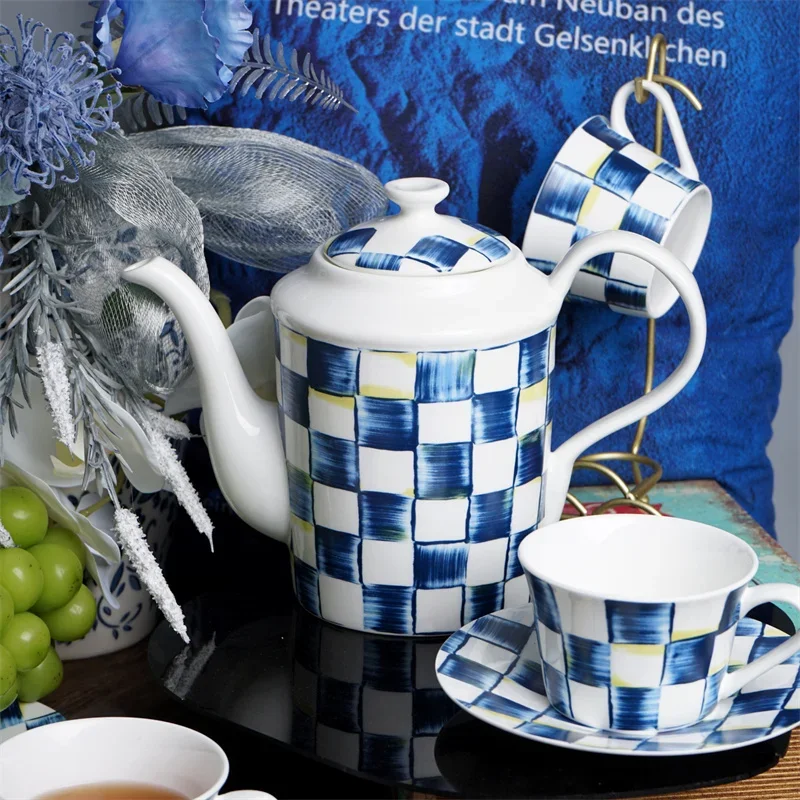 Bone China Ceramic Tea Coffee Cup and Saucer Set Blue White Checkered Vintage Nordic Style Household Afternoon Tea Cup