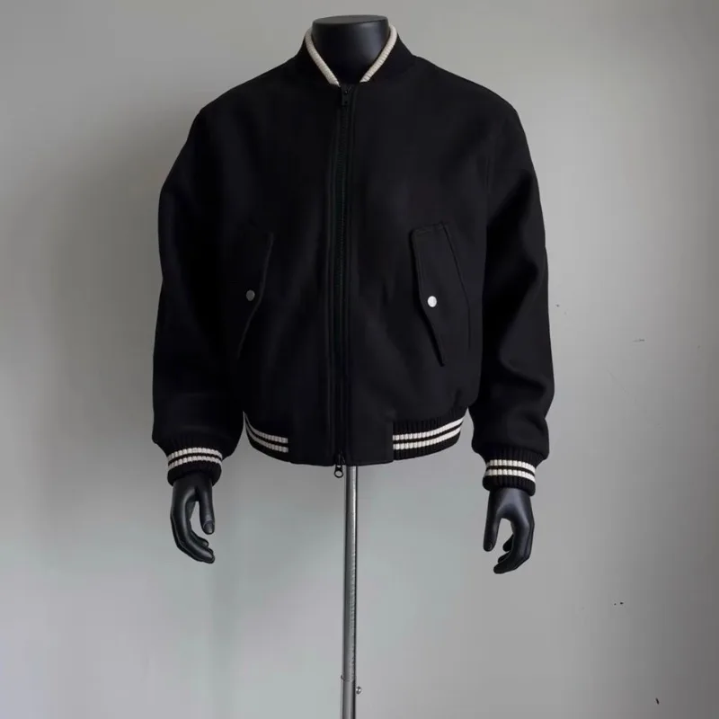 American Vibe Style Heavy Twill Woolen Skinny Micro-silhouette Fashion Short Baseball Jacket Jacket Men