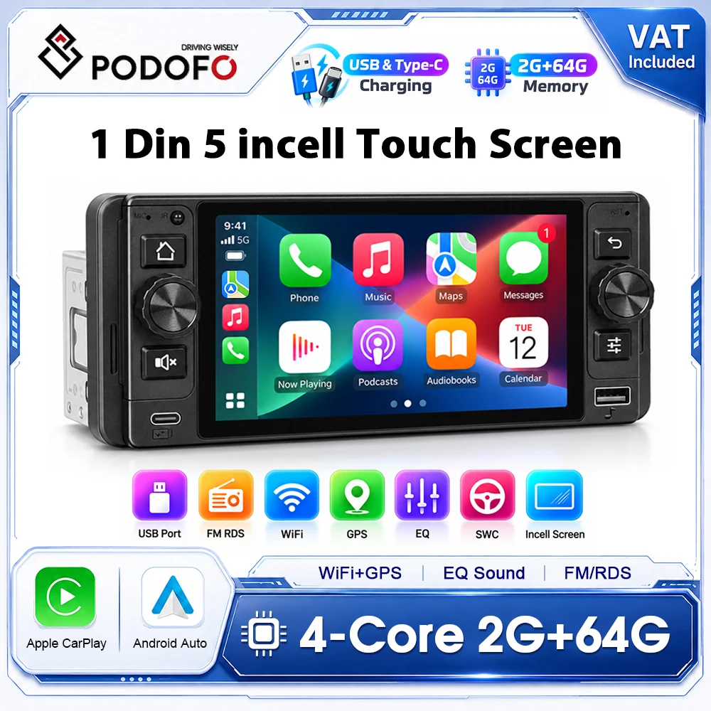 Podofo, autoradio universale da 5 pollici, modello 1 DIN, con CarPlay wireless, Android Auto wireless, lettore multimediale per auto, schermo touchscreen, connettività Wi-Fi, GPS, Bluetooth, funzione