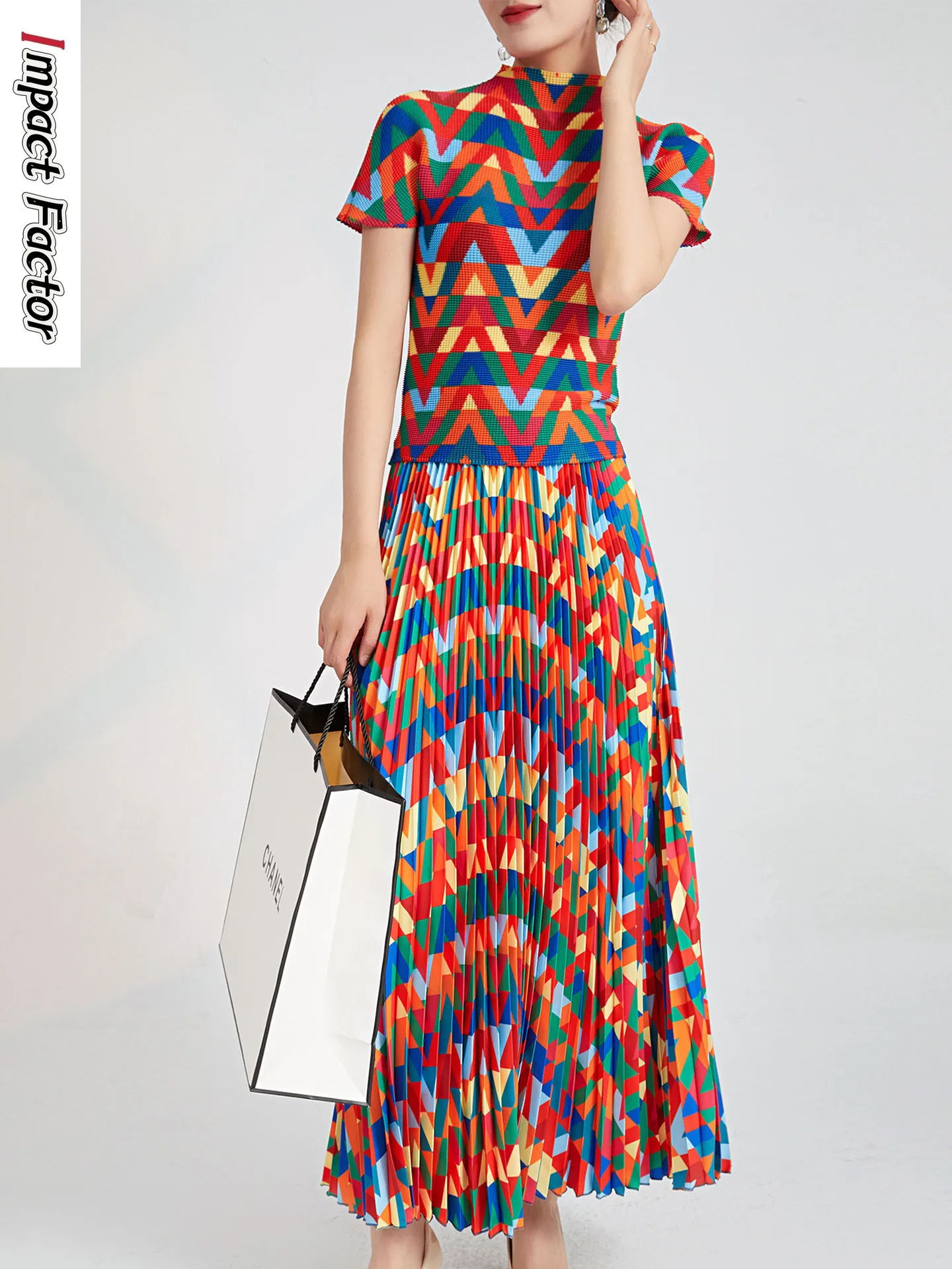 2024 Summer New Miyake Ruffled Fashion Slim Fit Colorful Print T-shirt+100 Ruffled Half Skirt Two Piece Set for Women