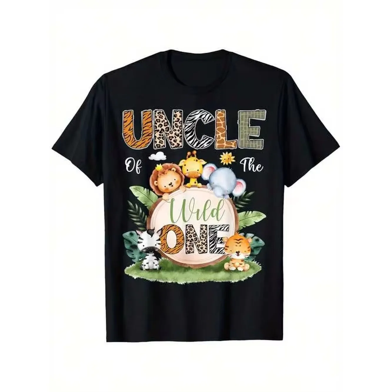 Men Women Funny Animal Print T-Shirt Wild One Jungle Theme Giraffe Round Neck Tee Party Outfits Zoo Events Outdoor Wear Uncle Wild One Slogan Design