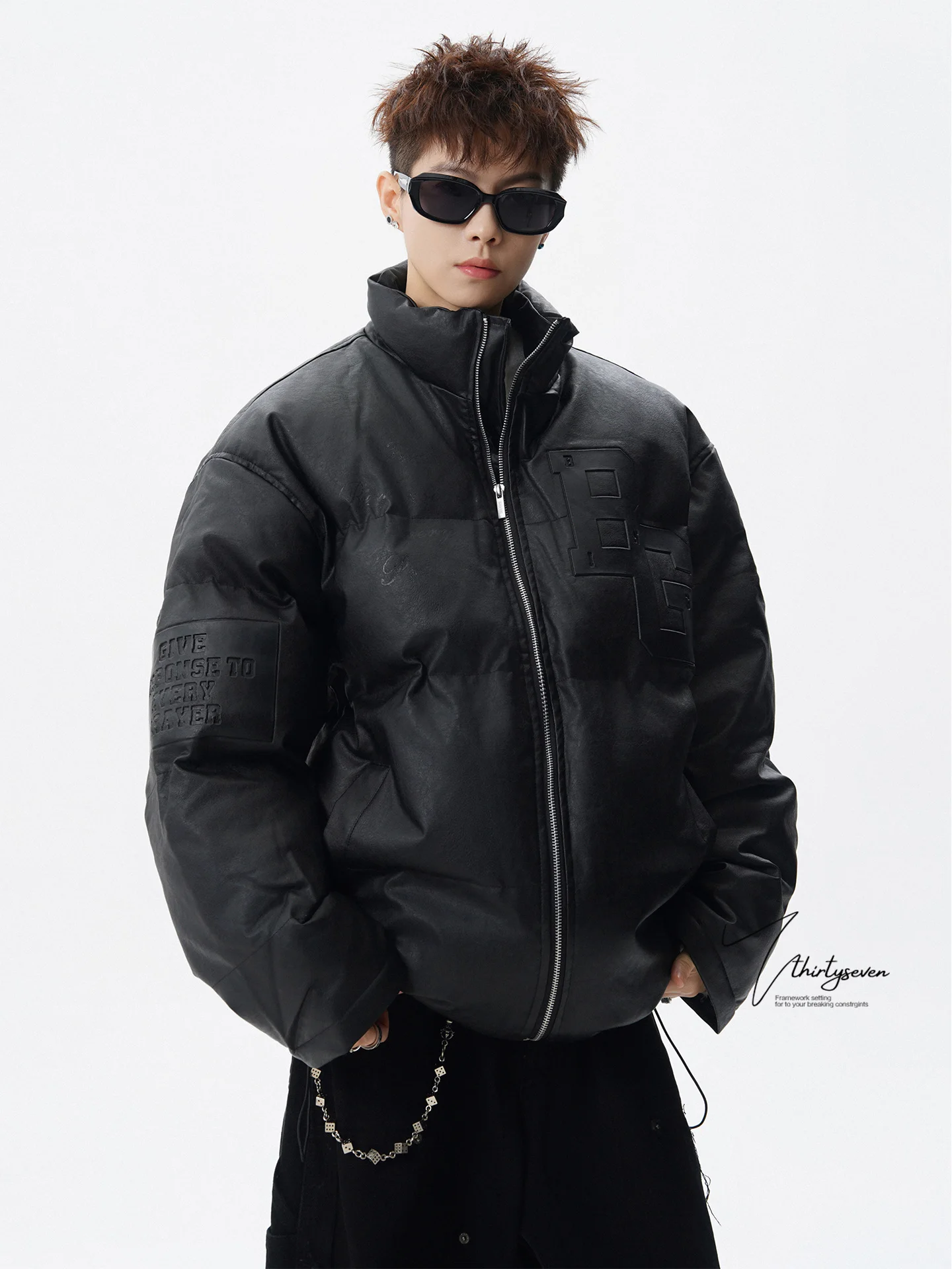 

V37 Мужская хлопковая куртка Thiened из искусственной кожи с воротником-стойкой и надписью Emed для зимнего молодежного модного теплого пальто